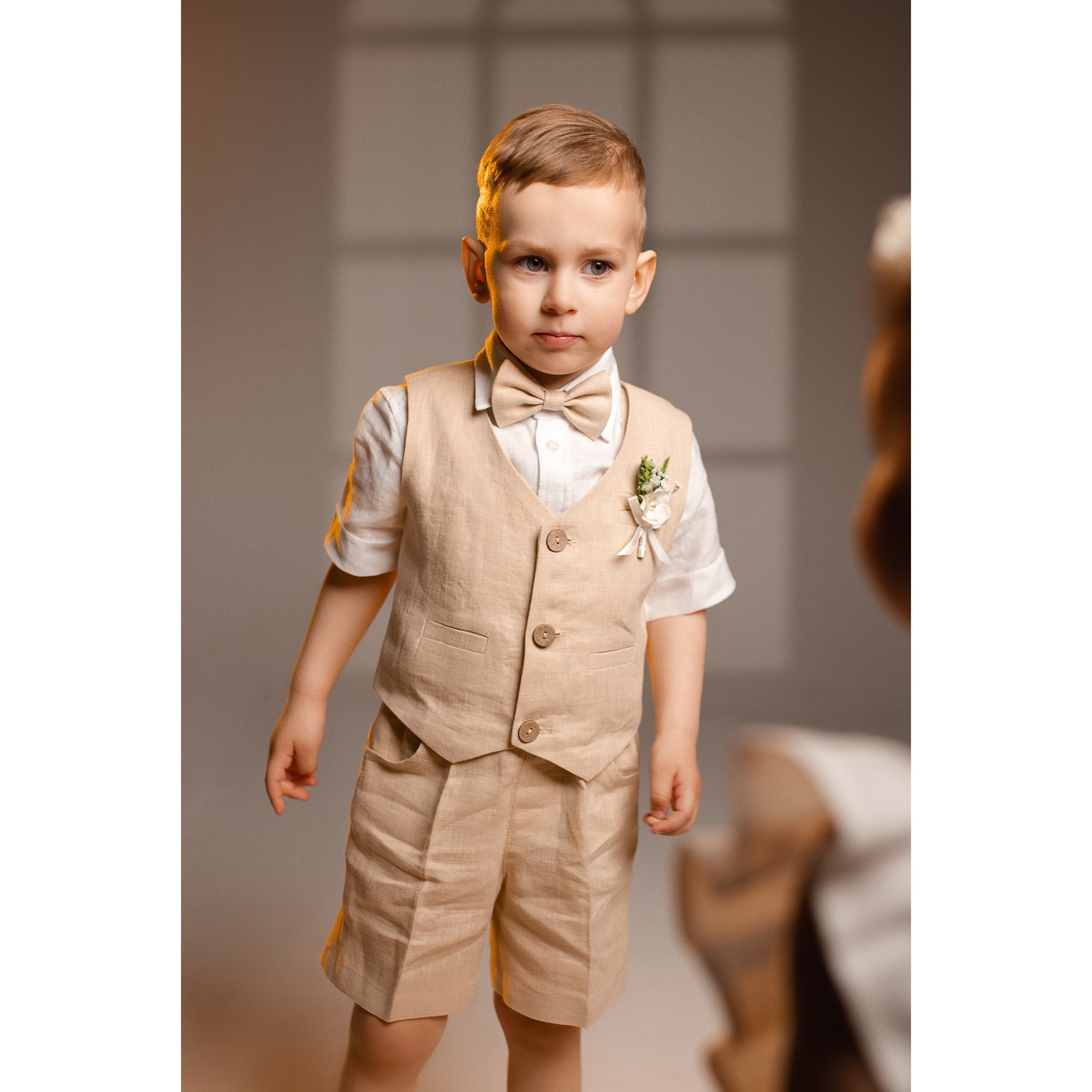 5 pieces Tenue de mariage pour garcons en lin Costume pour enfant pour porteur d alliances Short de bapteme chemise gilet Tenue de soiree en lin pour garcon. Etsy France