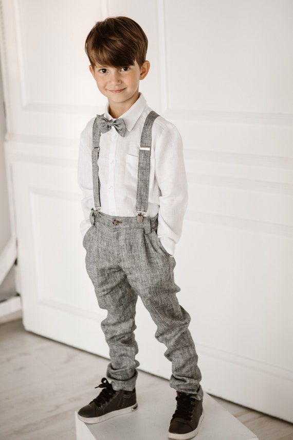 9y - 134cm- size, Black col/ 3pcs Boys Linen Pants with Suspenders +Bow tie / Linen Ring bearer trousers /Boys Wedding outfit/ Baptism pants