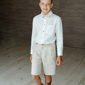 Boys linen shorts, Toddler Ring bearer shorts, Boys Wedding / Linen Baptism shorts, formal wear, Beige col. image 3