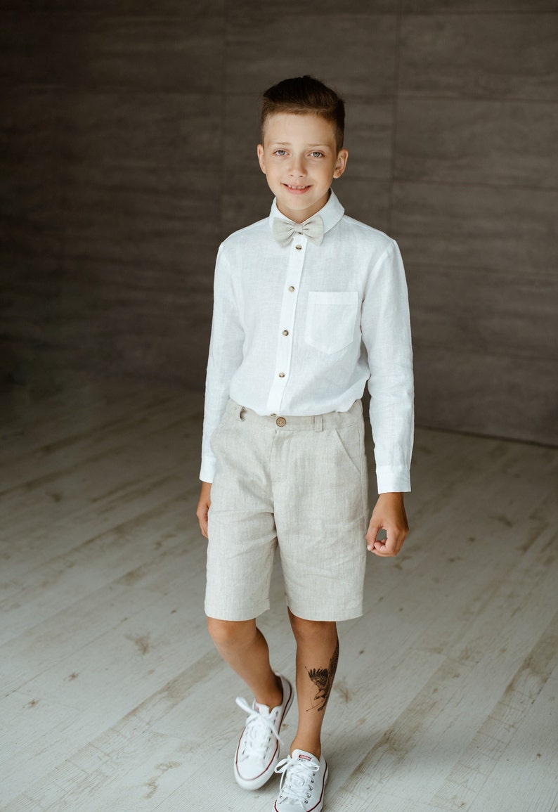 Boys linen shorts, Toddler Ring bearer shorts, Boys Wedding / Linen Baptism shorts, formal wear, Beige col. image 3