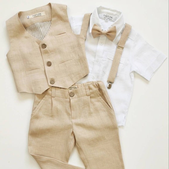 Page boy suit set - Boys linen wedding suit - Ring bearer linen suit -  Toddler wedding outfit: Pants, Vest, Shirt, Bow Tie, and Suspenders
