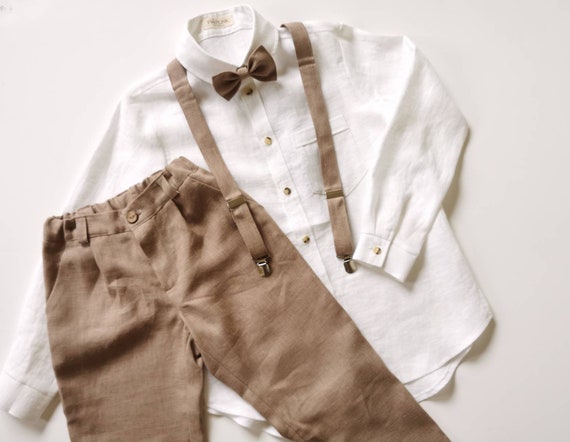 Elegant Linen Boys' Pants with Suspenders & Bow Tie - Perfect for Weddings, Baptisms, and Formal Occasions