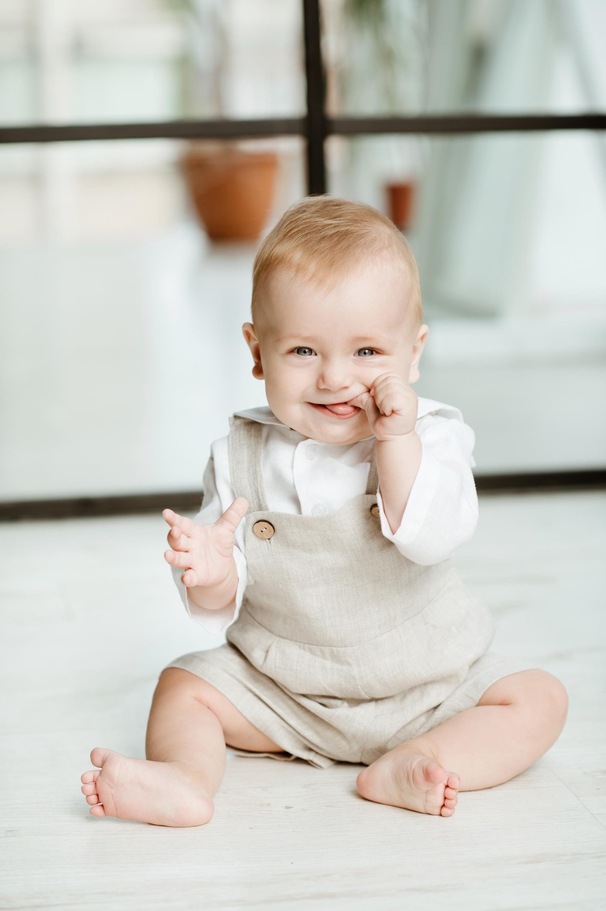 Baby Boy Sailor Suit - Linen Baptism Or First Birthday Outfit With Shirt & Overall Shorts | 3M-3Y