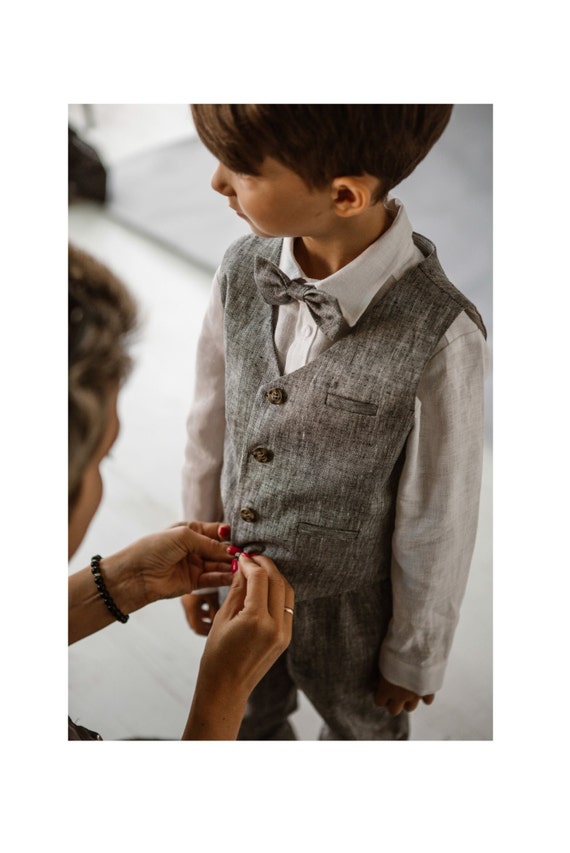 5pc Linen Toddler Ring Bearer Outfit "Liam" :Pants + Shirts + Vest + Suspender + Bow tie. Boys Formal Wear