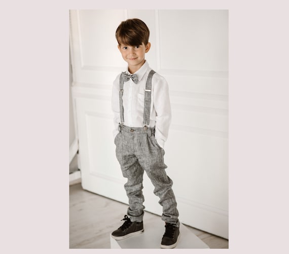 Boys' Linen Suit: Pants, Shirt, Suspender, and Bow Tie - Ideal for Ring Bearers and Wedding Attire