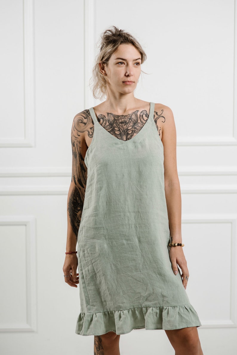 Loose linen strap dress, Linen Strap dress, Washed and soft linen summer dress, Beach dress, Sleeveless sundress, Midi linen dress image 3