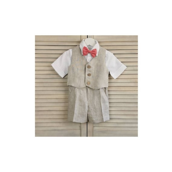 5pcs Wedding boys outfit / Toddler Ring Bearer Suit / Baptism Shorts+Shirt+Vest / Boys Linen Formal Wear.
