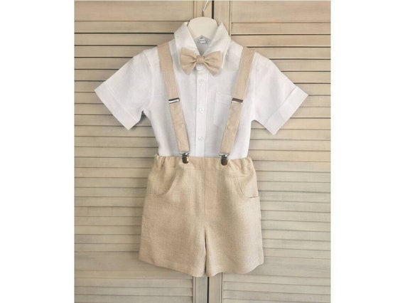 2pcs.Boys linen suspender short + bow tie, (Shirt not included) Toddler Ring bearer, Wedding, Linen Baptism shorts, formal wear