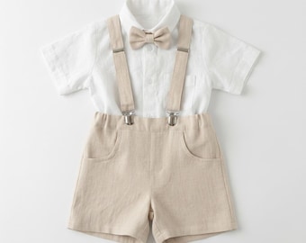 Boys Linen Ring Bearer Outfit – Suspender Shorts, Shirt, Bow Tie Set (aged 6m-9Y)