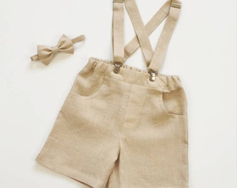 Boys Linen Shorts with Suspenders – Baptism Outfit | Toddler Page Boy Shorts | Christening Clothing Set (3M–7Y)