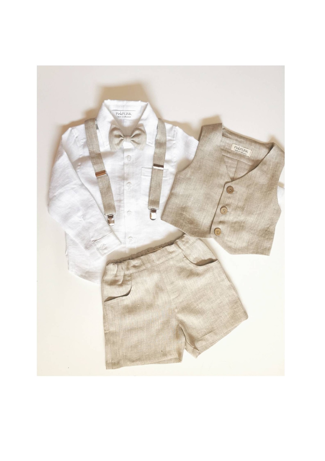 Bimbalo Boys 4 Piece Beige Linen Shorts and Vest Outfit  Made In Italy