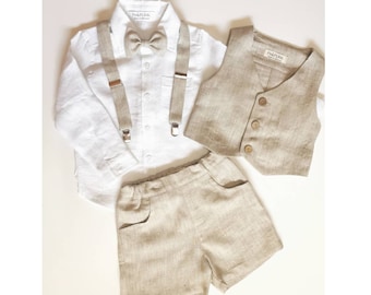 Boys 5-Piece Linen Outfit with Shirt, Vest, Shorts, Bow Tie & Suspenders | Handmade Boys Linen Suit | Ages 2–10 | Perfect for Weddings