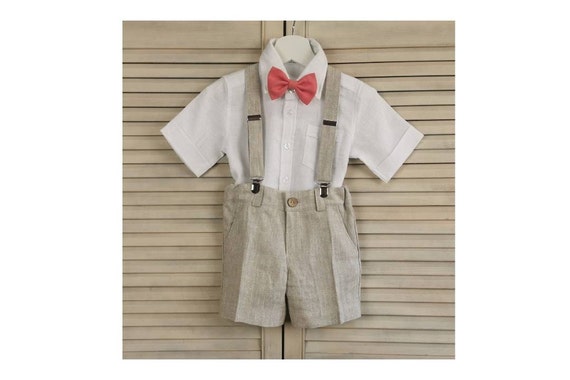 Kids linen  suspender shorts+ bow tie, Toddler Ring bearer shorts, Boys Wedding, Linen Baptism shorts, formal wear