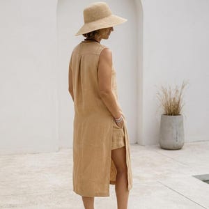 Women’s Linen Sleeveless Tunic with Side Slits – Long Button-Front Top