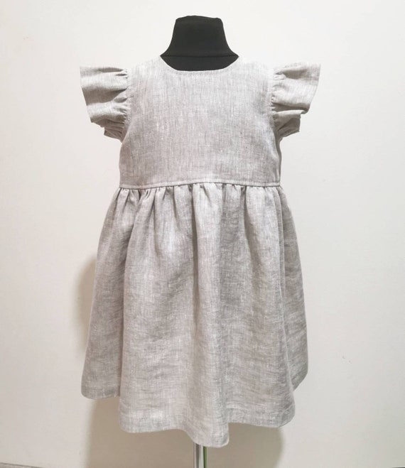 Linen Dress with Wing Sleeves "Scarlett" / Linen Baptism dress / Festive Linen Dress / Linen Flower Dress