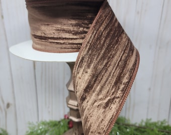 Chocolate Velvet Ribbon, Brown 2.5 inch wired wrinkled velvet ribbon, Cut to 5 yds or 10yds, Natural Christmas decor, primitive bow