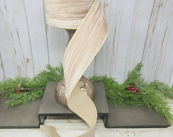 Ivory Velvet Ribbon, **20 yards per roll, Beige 2.5 inch wired wrinkled velvet ribbon, Luxury Cream Neutral color ribbon, Christmas decor