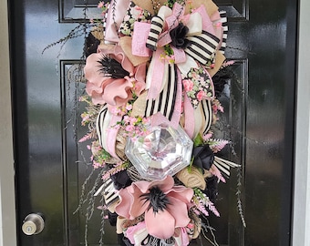 Black Pink French Country Swag Wreath, Vintage Chic Door Decor, Cottage Glam Gem Accent