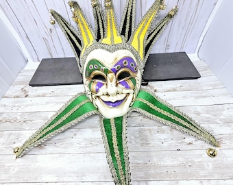 Mardi Gras Mask, Jester Mask, Carnival Ball Mask, Luxury Venetian Mask, Masquerade Purple Green Gold Jester Mask with Bells