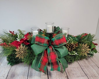 Emerald Green Christmas Table Centerpiece, Pine Greenry Flower Arrangement with Candles, Holiday Centerpiece, Christmas Candle Holder