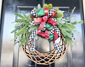 Christmas Vine Winter Wreath, Storm Door Wreath, READY to Ship, Willow Grapevine Wreath, THIN Round Door Hanger, Holiday Wood Vine Wreath
