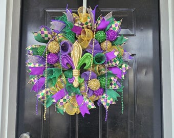 Mardi Gras Wreath with Fleur de Lis, Purple Green Gold Door Wreath, Carnival Decor, Ready to Ship, Traditional Mardi Gras Front Door Decor