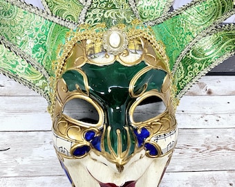 Mardi Gras Mask, Mardi Gras Jester Mask, Wreath Attachment, Carnival Mask, Venetian Mask, Masquerade Mask for Ball, Green and Gold Mask,