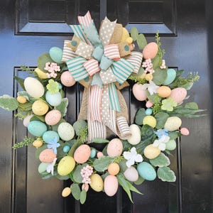 Easter Egg Wreath, Custom Ribbon Color Style, Egg Grapevine Wreath, Easter Wreath with greens and Egg Wreath. Easter Wreath for Front Door