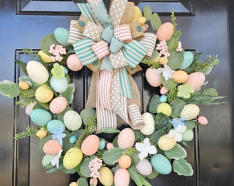 Easter Egg Grapevine Wreath, Pastel Ribbon Bow, Easter Egg Hunt Door, Pastel Easter, Spring Door Decor, Ready to ship
