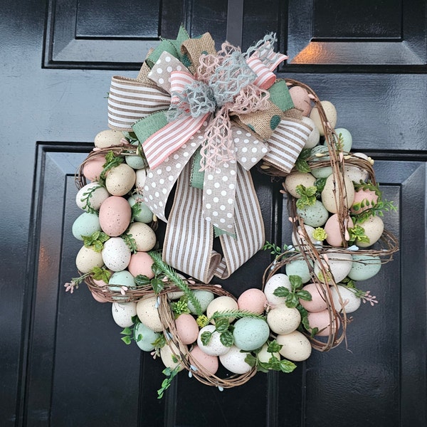Easter Egg Wreath, New Ribbon Bow or New Easter Egg Wreath, Egg Grapevine Vine Wreath, Easter Wreath with greens and Egg Wreath