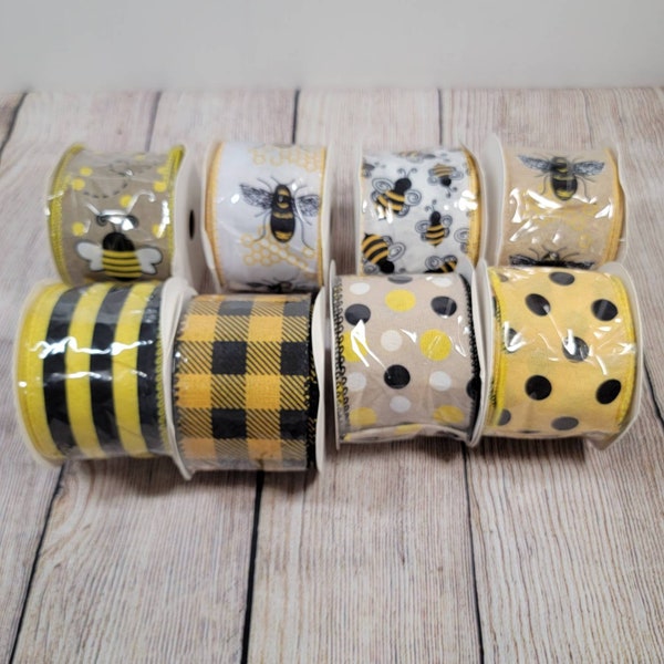 2.5in Bumble Bee Wired ribbon, Yellow White Ribbon supplies, Black Ribbon, Cut to 5 yards, Wired edge Ribbon, Black and White Polka dot