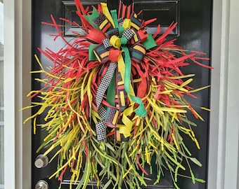 Juneteenth Wreath, African Grapevine, Everyday Black History Door Decor, Red Yellow Green Door Hanger, Black Patriotic Wreath, Ready to ship