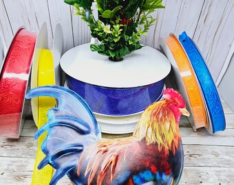 Metal Rooster Sign Ribbon Wreath Kit, Red Blue Orange Ribbon Rooster Kit, Wreath DIY Kit, 4 Wired Ribbons and Metal Embossed Rooster Kit