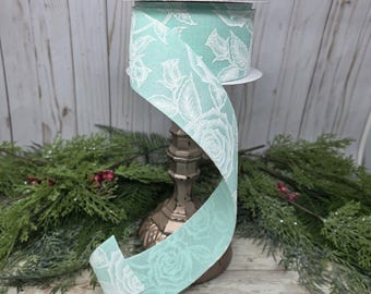 Mint White Glitter Rose Wired Ribbon, Mint Ice White 2.5 inch canvas, Cut to 5 yds or 10yds, Winter Holiday Decor, Seafoam Christmas Green