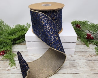 Navy Gold Christmas Velvet Ribbon, 4" Wide Wired Velvet Ribbon, Metallic Gold Velvet Ribbon, 10 yards Wired Velvet Ribbon, Gold Lame Ribbon