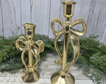 Gold Bow Candelabra, Handpainted Gold Leaf Resin Taper Bow Candle Holder, Elegant Table Centerpiece, Fireplace Mantle Decor, Holiday Glam
