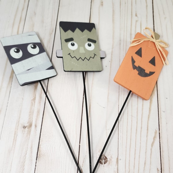 Halloween Picks, Set of 3, Halloween Jack O Lantern Pick, Mummy Halloween Pick, Frankenstein Pick, Wreath Attachment, Wood Pick