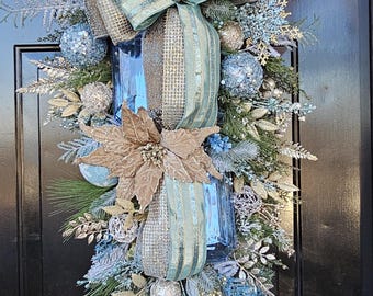 XL Blue Gold Gem Swag Wreath, Custom Color You Pick Color, Winter Poinsetta Wreath, Icy Decor, Elegant Glam Door Hanger with Gem Ornament