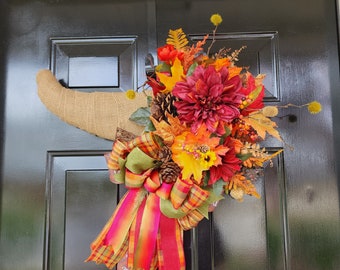 Fall Cornucopia Wreath, Autumn Door Hanger, Fall Pumpkin Flower Door Arrangement, Autumn Harvest wreath, Red Orange Burlap front door wreath
