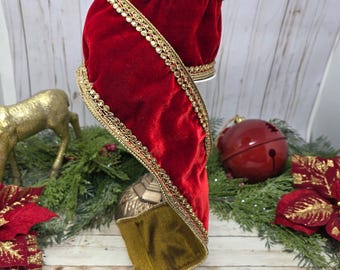 Dark Red Gold 4 inch Wired Ribbon, Holiday Glam Velvet and Gem ribbon, 5 yard rolls, Christmas Tree Decoration Ribbon, Cranberry Glam Decor