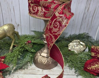 Dark Red Gold Wired 1.5" Christmas Tree Ribbon, Pick 5yd or 10yds, Red Gold Decoration Ribbon, Elegant Dark Red Holiday Glam Decor