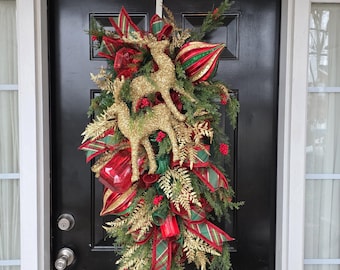 Traditional Christmas XL Gem Swag, Glam Deer Swag, READY to SHIP, Red Green Gold Holiday Decor, Glam Gem and Dear Swag, Extra large wreath