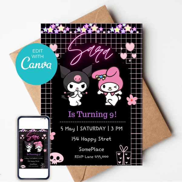 Invitación de cumpleaños de personajes Kawaii, invitación de cumpleaños de Kit y amigos, plantilla canva editable