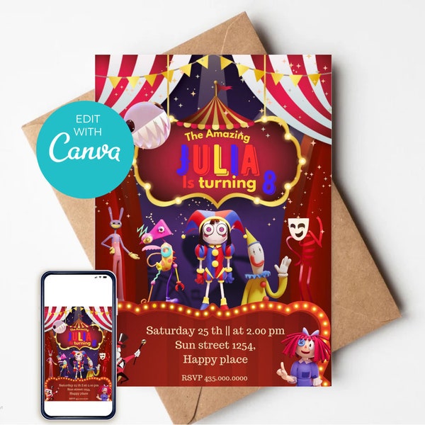 Invitation d’anniversaire de cirque, invitation d’anniversaire de cirque, modèle Canva numérique modifiable