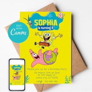 Square Sponge Birthday Invitation Template, Kids Digital Invitation, Instant Download Canva