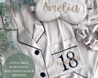 PERSONALISED SATIN PYJAMAS -Eye Mask, Scrunchie, Birthday PJs, 13th, 16th, 18th, 21st, 30th, 40th, 50th,  Luxury Milestone Bday Gift for Her