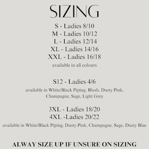 May include: Sizing chart for clothing with sizes ranging from S to 4XL. The chart lists the corresponding US women's sizes for each size designation. The chart also lists the available colors for each size.