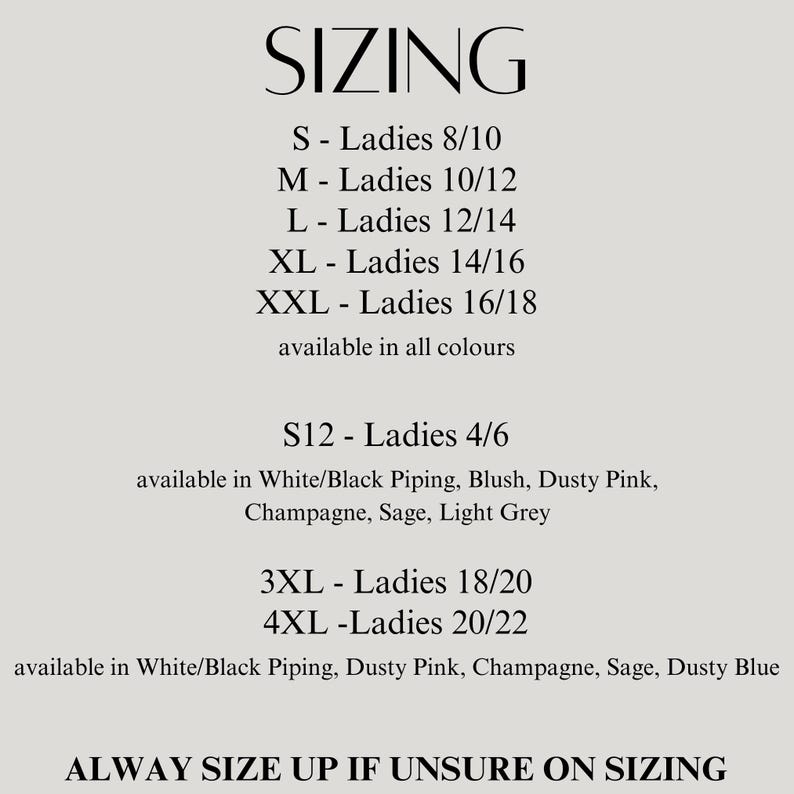 May include: Sizing chart for clothing with sizes ranging from S to 4XL. The chart lists the corresponding US women's sizes for each size designation. The chart also lists the available colors for each size.