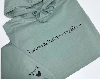I Wear My Heart On My Sleeve Hoodie - Mothers Day Hoody, Gift for Mum, Personalised with Childrens Names on Sleeve, Petite and Plus Size