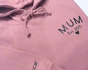 MUM EST Hoodie - Personalised with Childrens Names on sleeve, Mothers Day Hoody, Gift for Mum, Custom Mum Gift, New Mum, Petite & Plus Size